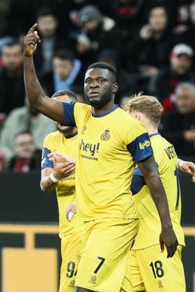 Union s Victor Boniface celebrates after scoring during a soccer game between German Bayer 04 Leverkusen and Belgian Royale Union Saint-Gilloise, the first leg game of the quarterfinals of the UEFA Europa League competition, Thursday 13 April 2023 in Leverkusen, Germany. BRUNOxFAHY  x64676123x