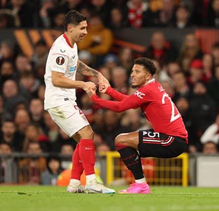 Mandatory Credit: Photo by Ryan Browne Shutterstock (13867464bx) Gonzalo Montiel of Sevilla and Jadon Sancho of Manchester United, ManU Manchester United v Sevilla, UEFA Europa League, Quarter-Final, First Leg, Football, Old Trafford, Manchester, UK - 13 Apr 2023 Manchester United v Sevilla, UEFA Europa League, Quarter-Final, First Leg, Football, Old Trafford, Manchester, UK - 13 Apr 2023 Copyright: xRyanxBrowne Shutterstockx 13867464bx
