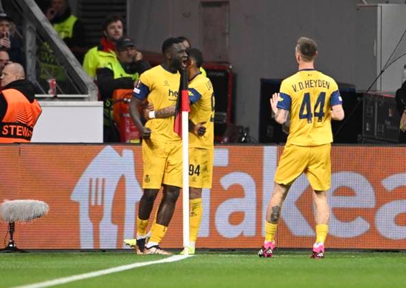 LEVERKUSEN, GERMANY - APRIL 13 : Boniface Victor forward of Union St-Gilloise celebrates scoring a goal with teammates during the UEFA Europa League Quarter-finals, 1st leg match between Leverkusen and Union SG at the BayArena on April 13, 2023 in Leverkusen, Germany, 13 04 2023 ( Leverkusen v Union SG - UEFA Europa League PhotoNews Panoramic 