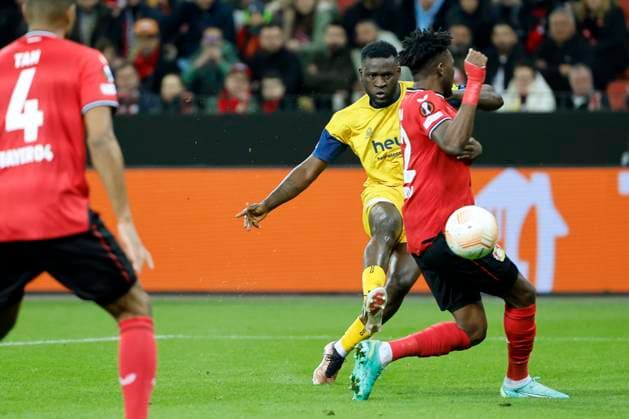 LEVERKUSEN, GERMANY - APRIL 13 : Boniface Victor forward of Union St-Gilloise celebrates scoring the opening goal during the UEFA Europa League Quarter-finals, 1st leg match between Leverkusen and Union SG at the BayArena on April 13, 2023 in Leverkusen, Germany, 13 04 2023 ( Leverkusen v Union SG - UEFA Europa League PhotoNews Panoramic 