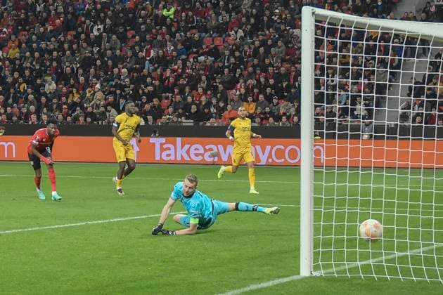 Victor Boniface 7, Union Saint Gilloise scores the goal to 0 1 13 04 2023 Football Europa League, Bayer 04 Leverkusen vs Union Saint Gilloise, BayArena, Leverkusen, NRW Germany Copyright: xpepphotox xHorstxMauelshagenx pep00321, pep_20230413_hm