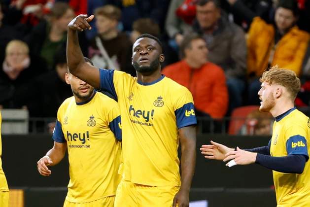 LEVERKUSEN, GERMANY - APRIL 13 : Boniface Victor forward of Union St-Gilloise celebrates scoring the opening goal during the UEFA Europa League Quarter-finals, 1st leg match between Leverkusen and Union SG at the BayArena on April 13, 2023 in Leverkusen, Germany, 13 04 2023 ( Leverkusen v Union SG - UEFA Europa League PhotoNews Panoramic 