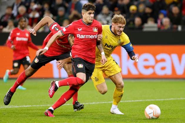 LEVERKUSEN, GERMANY - APRIL 13 : Vertessen Yorbe forward of Union St-Gilloise during the UEFA Europa League Quarter-finals, 1st leg match between Leverkusen and Union SG at the BayArena on April 13, 2023 in Leverkusen, Germany, 13 04 2023 ( Leverkusen v Union SG - UEFA Europa League PhotoNews Panoramic 