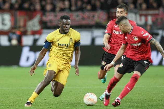 Union s Victor Boniface pictured in action during a soccer game between German Bayer 04 Leverkusen and Belgian Royale Union Saint-Gilloise, the first leg game of the quarterfinals of the UEFA Europa League competition, Thursday 13 April 2023 in Leverkusen, Germany. BRUNOxFAHY  x64677415x