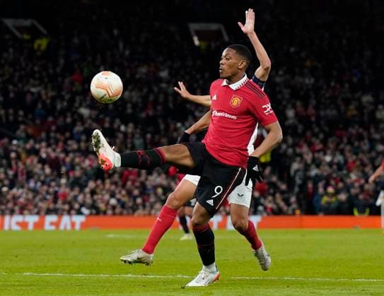 Manchester, England, 13th April 2023. Anthony Martial of Manchester United, ManU in action during the UEFA Europa League match at Old Trafford, Manchester. Picture credit should read: Andrew Yates Sportimage EDITORIAL USE ONLY. No use with unauthorised audio, video, data, fixture lists, club league logos or live services. Online in-match use limited to 120 images, no video emulation. No use in betting, games or single club league player publications. SPI-2367-0061