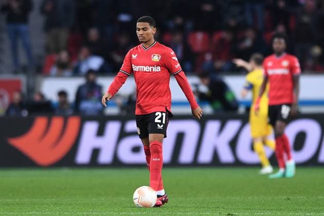 Soccer Europa League quarterfinals Bayer 04 Leverkusen Union Saint Gilloise on 13 04 2023 at the BayArena in Leverkusen Amine Adli Leverkusen disappointed after scoring goal to 0 1 by Victor Boniface Saint Gilloise xHDx