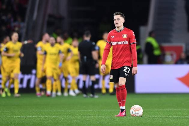 Soccer Europa League quarterfinals Bayer 04 Leverkusen Union Saint Gilloise on 13 04 2023 at the BayArena in Leverkusen Florian Wirtz Leverkusen disappointed after scoring goal to 0 1 by Victor Boniface Saint Gilloise xHDx