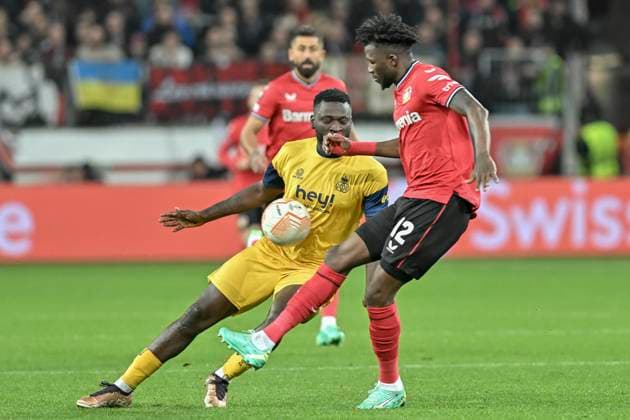 f l in duel Victor Boniface 7, Union Saint Gilloise Edmond Tapsoba 12, Bayer 04 Leverkusen 13 04 2023 Football Europa League, Bayer 04 Leverkusen vs Union Saint Gilloise, BayArena, Leverkusen, NRW Germany Copyright: xpepphotox xHorstxMauelshagenx pep00321, pep_20230413_hm