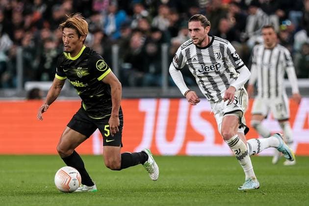 Hidemasa Morita of Sporting CP and Adrien Rabiot of Juventus FC during the Europa League football match between Juventus FC and Sporting CP at Juventus stadium in Torino (Italy), April 13th, 2023. Photo Federico Tardito Insidefoto federicoxtardito