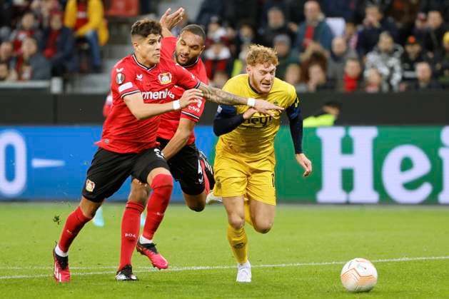 LEVERKUSEN, GERMANY - APRIL 13 : Vertessen Yorbe forward of Union St-Gilloise during the UEFA Europa League Quarter-finals, 1st leg match between Leverkusen and Union SG at the BayArena on April 13, 2023 in Leverkusen, Germany, 13 04 2023 ( Leverkusen v Union SG - UEFA Europa Leaguei PhotoNews Panoramic 