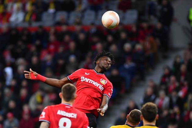 LEVERKUSEN, GERMANY - 13.04.23: Edmond Tapsoba. The match of match UEFA Europa League Bayer 04 Leverkusen vs Royale Union Saint-Gilloise at Bayarena  Copyright: xVITALIIxKLIUIEVx