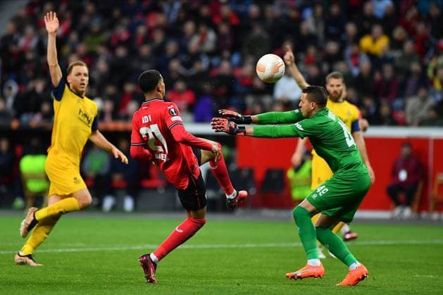 LEVERKUSEN, GERMANY - 13.04.23: The match of match UEFA Europa League Bayer 04 Leverkusen vs Royale Union Saint-Gilloise at Bayarena  Copyright: xVITALIIxKLIUIEVx
