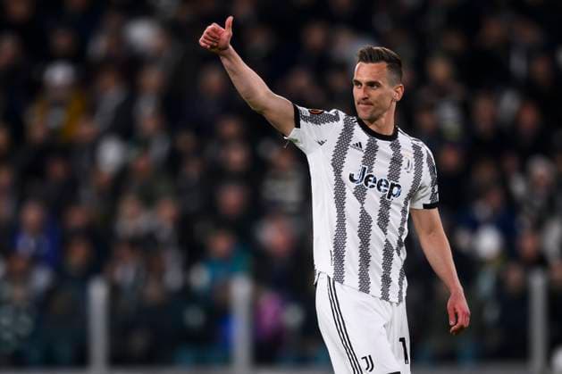 Juventus FC v Sporting CP - UEFA Europa League Arkadiusz Milik of Juventus FC gestures during the UEFA Europa League quarterfinal first leg football match between Juventus FC and Sporting CP. Turin Italy Copyright: xNicolòxCampox