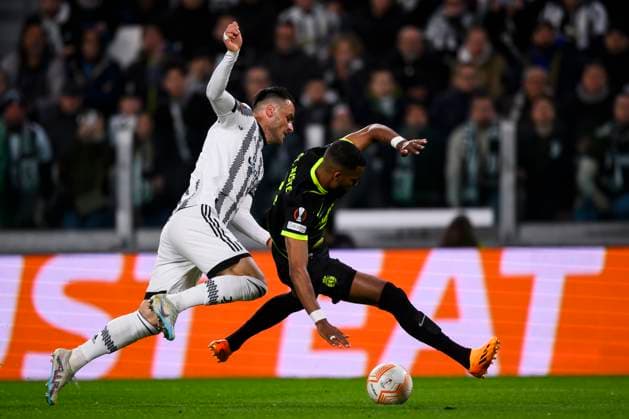 Juventus FC v Sporting CP - UEFA Europa League Filip Kostic of Juventus FC competes for the ball with Jerry St Juste of Sporting CP during the UEFA Europa League quarterfinal first leg football match between Juventus FC and Sporting CP. Turin Italy Copyright: xNicolòxCampox
