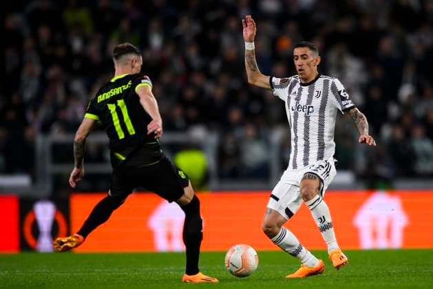 Juventus FC v Sporting CP - UEFA Europa League Angel Di Maria of Juventus FC competes for the ball with Nuno Santos of Sporting CP during the UEFA Europa League quarterfinal first leg football match between Juventus FC and Sporting CP. Turin Italy Copyright: xNicolòxCampox