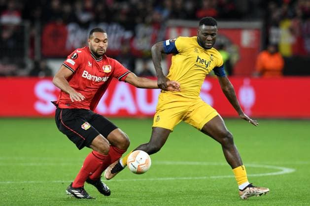 Jonathan Tah Bayer 04 Leverkusen one-on-one with Victor Boniface Union Saint Gilloise GER, Bayer 04 Leverkusen vs Union Saint Gilloise, football, Europa League, quarterfinal first leg, 2022 2023 season, 13 04 2023 DFL REGULATES PROHIBIT ANY USE OF PHOTOGRAPHS AS IMAGE SEQUENCES AND OR QUASI VIDEO GER, Bayer 04 Leverkusen vs Union Saint Gilloise, Football, Europa League, Quarterfinal First Leg, Season 2022 2023, 13 04 2023 Leverkusen Copyright: xEibner-Pressefoto ThomasxThienelx EP_TTL