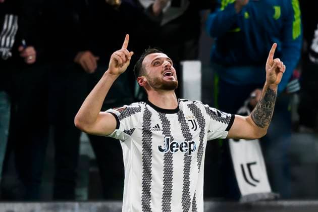 Juventus FC v Sporting CP - UEFA Europa League Federico Gatti of Juventus FC celebrates after scoring a goal during the UEFA Europa League quarterfinal first leg football match between Juventus FC and Sporting CP. Turin Italy Copyright: xNicolòxCampox