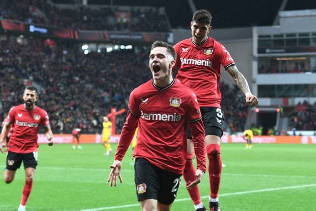 Soccer Europa League quarterfinals Bayer 04 Leverkusen Union Saint Gilloise on 13 04 2023 at the BayArena in Leverkusen goal cheer goal to 1 1 by Florian Wirtz Leverkusen xHDx