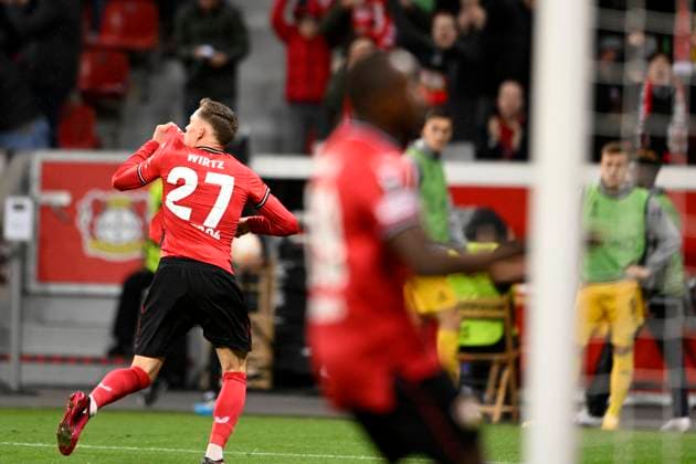 LEVERKUSEN, GERMANY - APRIL 13 : Florian Wirtz midfielder of Bayer Leverkusen celebrates scoring a goal during the UEFA Europa League Quarter-finals, 1st leg match between Leverkusen and Union SG at the BayArena on April 13, 2023 in Leverkusen, Germany, 13 04 2023 ( Leverkusen v Union SG - UEFA Europa League PhotoNews Panoramic 