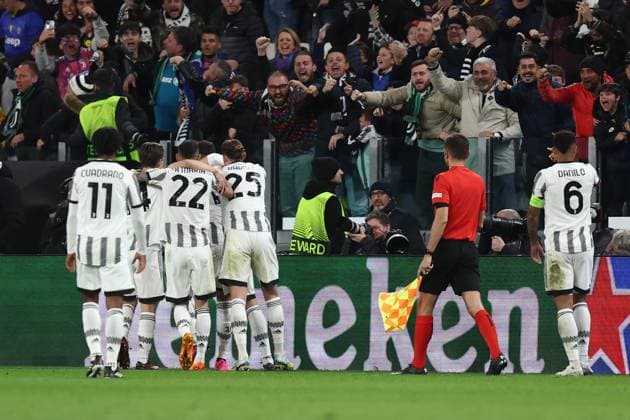 Juventus Fc - Sporting Clube de Portugal Federico Gatti of Juventus Fc celebrates after scoring his team s first goal with team mates during the Uefa Europa League quarter-final first leg match beetween Juventus Fc and Sporting Clube de Portugal at Allianz Stadium on April 13 2023 in Turin, Italy . Turin Allianz Stadium Italy Copyright: xMarcoxCanonierox