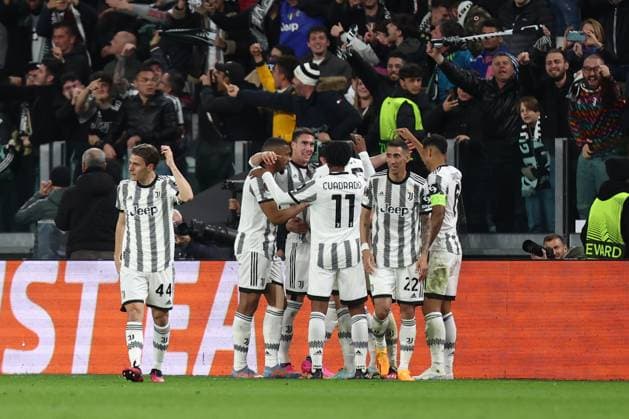 Juventus Fc - Sporting Clube de Portugal Federico Gatti of Juventus Fc celebrates after scoring his team s first goal with team mates during the Uefa Europa League quarter-final first leg match beetween Juventus Fc and Sporting Clube de Portugal at Allianz Stadium on April 13 2023 in Turin, Italy . Turin Allianz Stadium Italy Copyright: xMarcoxCanonierox