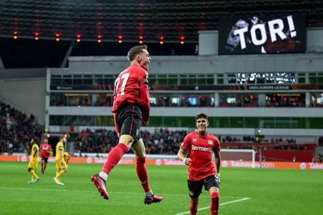 GER, Europa League, Bayer Leverkusen Union Saint Giloise 13 04 2023, BayArena , Leverkusen , GER, Europa League, Bayer Leverkusen Union Saint Giloise in picture picture shows Florian Wirtz Bayer Leverkusen 27 cheers after his goal to 1 1 nordphotoxGmbHx xTeresaxKroeger nordphoto00008