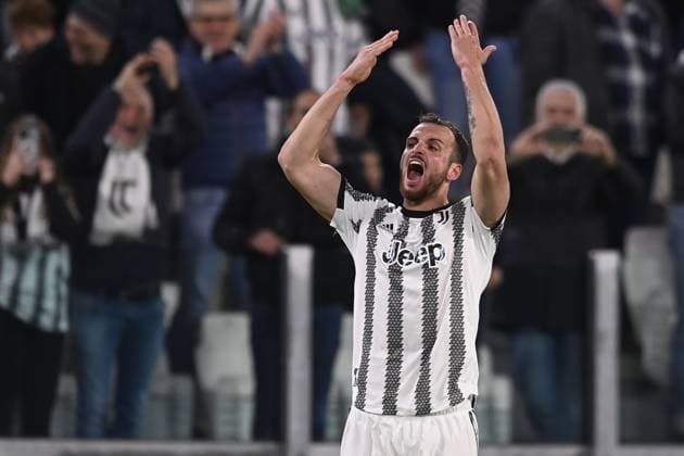 Foto Fabio Ferrari LaPresse 13 Aprile 2023 - Torino, Italia - calcio - Juventus vs Sporting Lisbona - UEFA Europa League - quarti di finale -1 2 - Juventus Stadium. Nella foto: Federico Gatti (Juventus F.C.) esultanza per il goal del 1-0 April 13, 2023 Turin, Italy - sport, calcio - Juventus vs Sporting Lisbona - UEFA Europa League - quarter to finals-1 2- Juventus Stadium. In the pic: Federico Gatti (Juventus F.C.) celebration after scornig 1-0  Copyright: xFabioxFerrari LaPressex