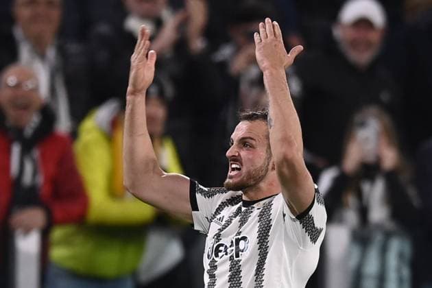 Foto Fabio Ferrari LaPresse 13 Aprile 2023 - Torino, Italia - calcio - Juventus vs Sporting Lisbona - UEFA Europa League - quarti di finale -1 2 - Juventus Stadium. Nella foto: Federico Gatti (Juventus F.C.) esultanza per il goal del 1-0 April 13, 2023 Turin, Italy - sport, calcio - Juventus vs Sporting Lisbona - UEFA Europa League - quarter to finals-1 2- Juventus Stadium. In the pic: Federico Gatti (Juventus F.C.) celebration after scornig 1-0  Copyright: xFabioxFerrari LaPressex