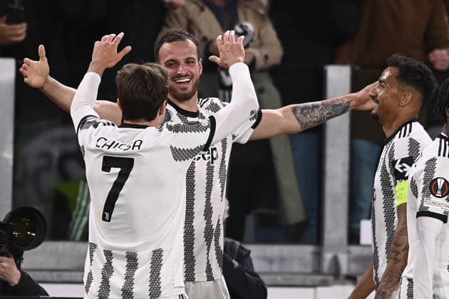 Foto Fabio Ferrari LaPresse 13 Aprile 2023 - Torino, Italia - calcio - Juventus vs Sporting Lisbona - UEFA Europa League - quarti di finale -1 2 - Juventus Stadium. Nella foto: Federico Gatti (Juventus F.C.) esultanza per il goal del 1-0 April 13, 2023 Turin, Italy - sport, calcio - Juventus vs Sporting Lisbona - UEFA Europa League - quarter to finals-1 2- Juventus Stadium. In the pic: Federico Gatti (Juventus F.C.) celebration after scornig 1-0  Copyright: xFabioxFerrari LaPressex