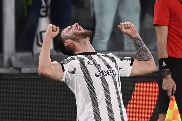 Foto Fabio Ferrari LaPresse 13 Aprile 2023 - Torino, Italia - calcio - Juventus vs Sporting Lisbona - UEFA Europa League - quarti di finale -1 2 - Juventus Stadium. Nella foto: Federico Gatti (Juventus F.C.) esultanza per il goal del 1-0 April 13, 2023 Turin, Italy - sport, calcio - Juventus vs Sporting Lisbona - UEFA Europa League - quarter to finals-1 2- Juventus Stadium. In the pic: Federico Gatti (Juventus F.C.) celebration after scornig 1-0  Copyright: xFabioxFerrari LaPressex