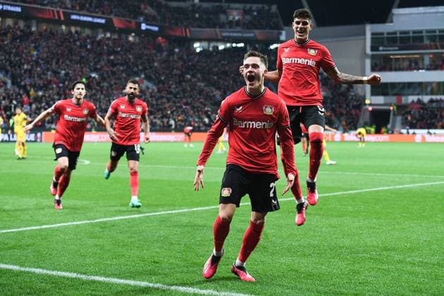Soccer Europa League quarterfinals Bayer 04 Leverkusen Union Saint Gilloise on 13 04 2023 at the BayArena in Leverkusen goal cheer goal to 1 1 by Florian Wirtz Leverkusen xHDx