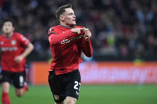 Soccer Europa League quarterfinals Bayer 04 Leverkusen Union Saint Gilloise on 13 04 2023 at the BayArena in Leverkusen goal cheer goal to 1 1 by Florian Wirtz Leverkusen xHDx