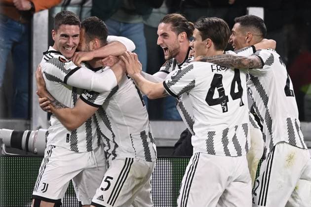 Foto Fabio Ferrari LaPresse 13 Aprile 2023 - Torino, Italia - calcio - Juventus vs Sporting Lisbona - UEFA Europa League - quarti di finale -1 2 - Juventus Stadium. Nella foto: esultanza Juventus dopo la rete del 1-0 di Federico Gatti (Juventus F.C.) April 13, 2023 Turin, Italy - sport, calcio - Juventus vs Sporting Lisbona - UEFA Europa League - quarter to finals-1 2- Juventus Stadium. In the pic: Juventus players celebration after goal Federico Gatti (Juventus F.C.) for the 1-0  Copyright: xFabioxFerrari LaPressex