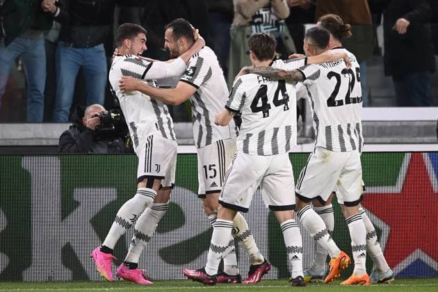 Foto Fabio Ferrari LaPresse 13 Aprile 2023 - Torino, Italia - calcio - Juventus vs Sporting Lisbona - UEFA Europa League - quarti di finale -1 2 - Juventus Stadium. Nella foto: esultanza Juventus dopo la rete del 1-0 di Federico Gatti (Juventus F.C.) April 13, 2023 Turin, Italy - sport, calcio - Juventus vs Sporting Lisbona - UEFA Europa League - quarter to finals-1 2- Juventus Stadium. In the pic: Juventus players celebration after goal Federico Gatti (Juventus F.C.) for the 1-0  Copyright: xFabioxFerrari LaPressex