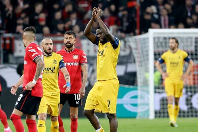 LEVERKUSEN, GERMANY - APRIL 13 : Boniface Victor forward of Union St-Gilloise during the UEFA Europa League Quarter-finals, 1st leg match between Leverkusen and Union SG at the BayArena on April 13, 2023 in Leverkusen, Germany, 13 04 2023 ( Leverkusen v Union SG - UEFA Europa League PhotoNews Panoramic 
