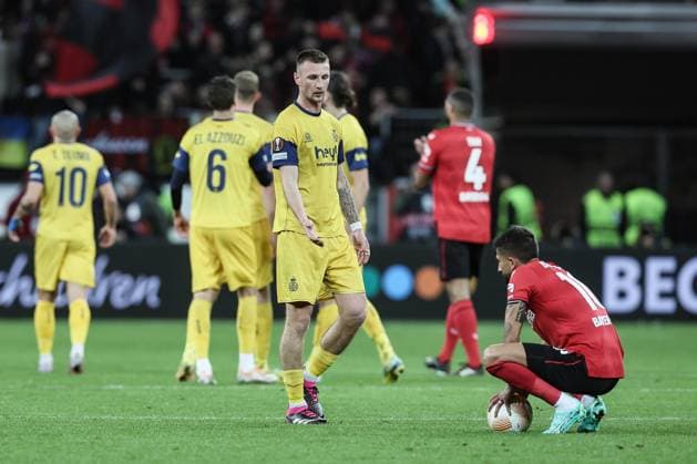 Union s Siebe Van Der Heyden pictured during a soccer game between German Bayer 04 Leverkusen and Belgian Royale Union Saint-Gilloise, the first leg game of the quarterfinals of the UEFA Europa League competition, Thursday 13 April 2023 in Leverkusen, Germany. BRUNOxFAHY  x64679866x