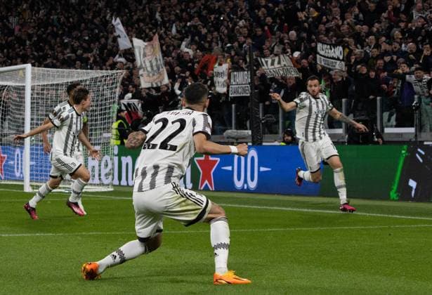 football Europa League match - Quarter-finals - Juventus FC vs Sporting SP Federico Gatti Goal Celebration during Quarter-finals - Juventus FC vs Sporting SP, football Europa League match in Turin, Italy, April 13 2023 Turin Allianz Stadium Italy Copyright: xNicolasxMorassuttix xLiveMediax LPS_898883