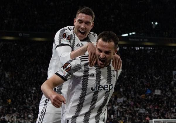 football Europa League match - Quarter-finals - Juventus FC vs Sporting SP Federico Gatti Goal Celebration with Dusan Vlahovic during Quarter-finals - Juventus FC vs Sporting SP, football Europa League match in Turin, Italy, April 13 2023 Turin Allianz Stadium Italy Copyright: xNicolasxMorassuttix xLiveMediax LPS_898884