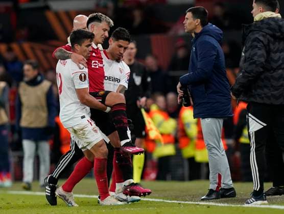 Manchester, England, 13th April 2023. Lisandro Martinez of Manchester United, ManU is carried off with what looks like a bad injury during the UEFA Europa League match at Old Trafford, Manchester. Picture credit should read: Andrew Yates Sportimage EDITORIAL USE ONLY. No use with unauthorised audio, video, data, fixture lists, club league logos or live services. Online in-match use limited to 120 images, no video emulation. No use in betting, games or single club league player publications. SPI-2367-0076
