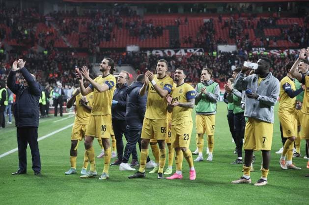 Union s players celebrate after a soccer game between German Bayer 04 Leverkusen and Belgian Royale Union Saint-Gilloise, the first leg game of the quarterfinals of the UEFA Europa League competition, Thursday 13 April 2023 in Leverkusen, Germany. BRUNOxFAHY  x64680154x