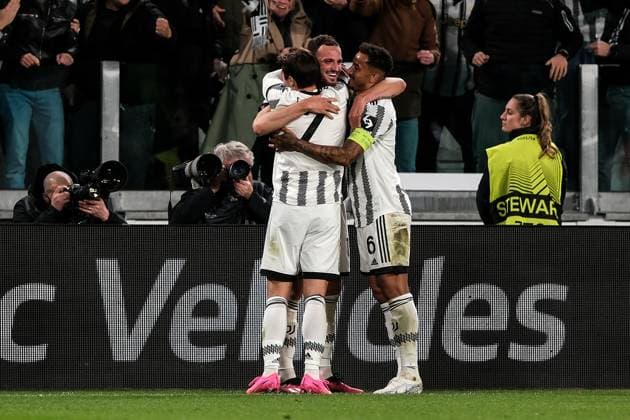 Federico Gatti of Juventus FC (c) celebrates with teammates after scoring the goal of 1-0 during the Europa League football match between Juventus FC and Sporting CP at Juventus stadium in Torino (Italy), April 13th, 2023. Photo Federico Tardito Insidefoto federicoxtardito