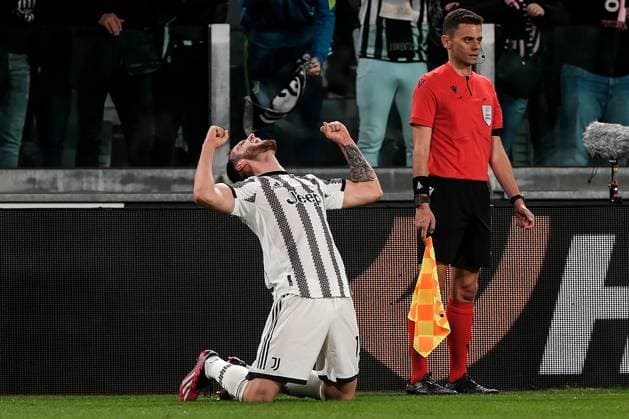 Federico Gatti of Juventus FC celebrates after scoring the goal of 1-0 during the Europa League football match between Juventus FC and Sporting CP at Juventus stadium in Torino (Italy), April 13th, 2023. Photo Federico Tardito Insidefoto federicoxtardito