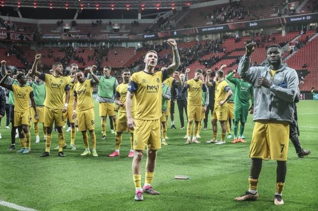 Union s players celebrate after a soccer game between German Bayer 04 Leverkusen and Belgian Royale Union Saint-Gilloise, the first leg game of the quarterfinals of the UEFA Europa League competition, Thursday 13 April 2023 in Leverkusen, Germany. BRUNOxFAHY  x64680248x