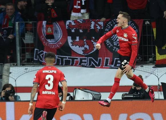 Florian Wirtz Bayer04 cheers after scoring 1 1, UEFA Europa League, Leverkusen, Germany, 13 04 2023, Europa League, quarterfinal, first leg, Bayer 04 Leverkusen vs Union Saint Gilloise.