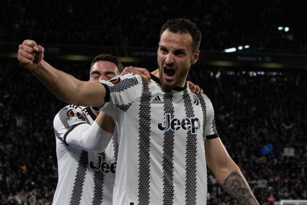 football Europa League match - Quarter-finals - Juventus FC vs Sporting SP Juventus Federico Gatti Goal Celebration during Quarter-finals - Juventus FC vs Sporting SP, football Europa League match in Turin, Italy, April 13 2023 Turin Allianz Stadium Italy Copyright: xNicolasxMorassuttix xLiveMediax LPS_898885