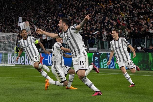 football Europa League match - Quarter-finals - Juventus FC vs Sporting SP Juventus Federico Gatti Goal Celebration during Quarter-finals - Juventus FC vs Sporting SP, football Europa League match in Turin, Italy, April 13 2023 Turin Allianz Stadium Italy Copyright: xNicolasxMorassuttix xLiveMediax LPS_898886