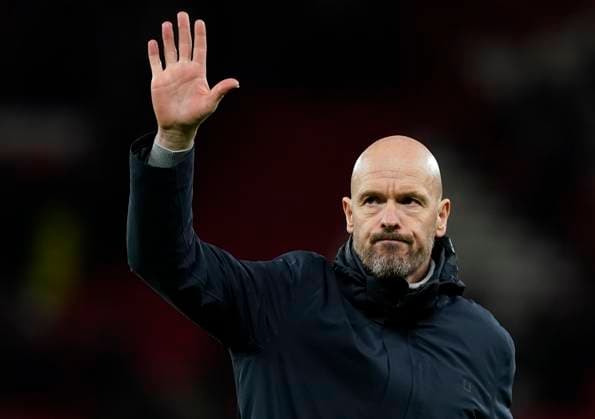 Manchester, England, 13th April 2023. Erik ten Hag manager of Manchester United, ManU waves to the fans during the UEFA Europa League match at Old Trafford, Manchester. Picture credit should read: Andrew Yates Sportimage EDITORIAL USE ONLY. No use with unauthorised audio, video, data, fixture lists, club league logos or live services. Online in-match use limited to 120 images, no video emulation. No use in betting, games or single club league player publications. SPI-2367-0083