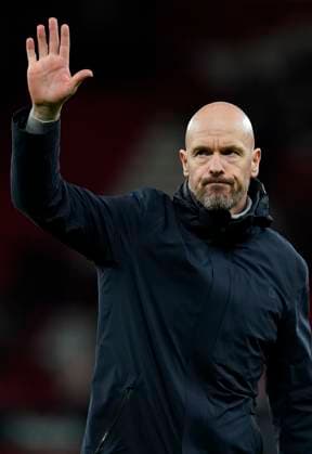 Manchester, England, 13th April 2023. Erik ten Hag manager of Manchester United, ManU waves to the fans during the UEFA Europa League match at Old Trafford, Manchester. Picture credit should read: Andrew Yates Sportimage EDITORIAL USE ONLY. No use with unauthorised audio, video, data, fixture lists, club league logos or live services. Online in-match use limited to 120 images, no video emulation. No use in betting, games or single club league player publications. SPI-2367-0084