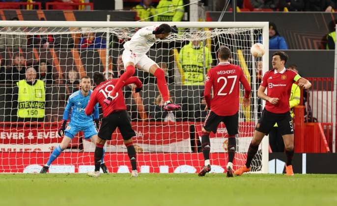 Mandatory Credit: Photo by Ryan Browne Shutterstock (13867464ea) Harry Maguire of Manchester United, ManU scores an own goal to make it 2-2. Manchester United v Sevilla, UEFA Europa League, Quarter-Final, First Leg, Football, Old Trafford, Manchester, UK - 13 Apr 2023 Manchester United v Sevilla, UEFA Europa League, Quarter-Final, First Leg, Football, Old Trafford, Manchester, UK - 13 Apr 2023 Copyright: xRyanxBrowne Shutterstockx 13867464ea