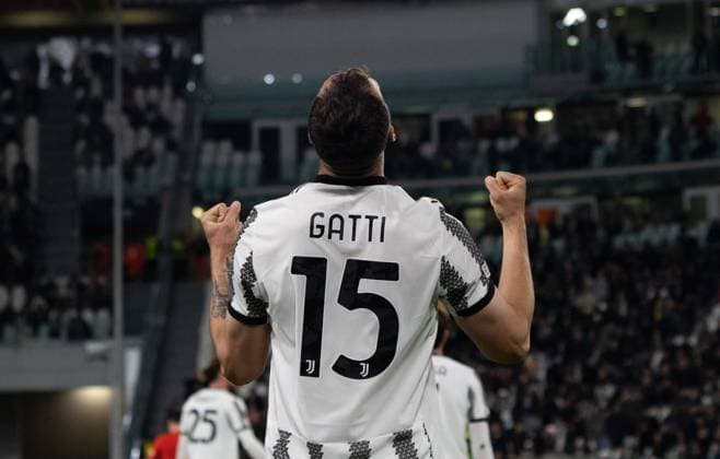 football Europa League match - Quarter-finals - Juventus FC vs Sporting SP Juventus Federico Gatti Goal Celebration during Quarter-finals - Juventus FC vs Sporting SP, football Europa League match in Turin, Italy, April 13 2023 Turin Allianz Stadium Italy Copyright: xNicolasxMorassuttix xLiveMediax LPS_898890